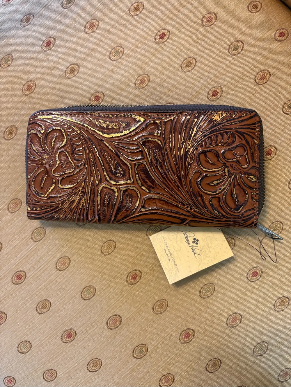 Patricia Nash Hand-Tooled Floral Brown Leather Zip Wallet with Gold Accents